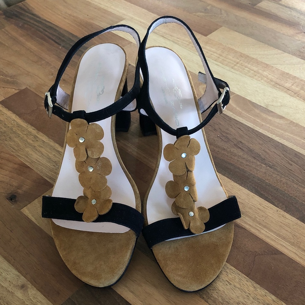 Brenda Zaro Women's Black & Tan Floral Suede Block Heel Sandals